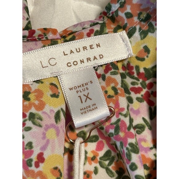 LC Lauren Conrad Blouse Top Multicolor Floral Print BOHO Peasant Keyhole Ties 1X - Picture 4 of 9